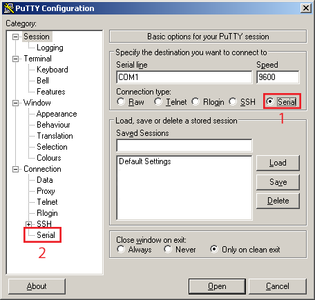 Configuring Putty to communicate via RS-232