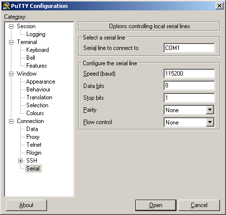 Configuring Putty to communicate via RS-232 (2)